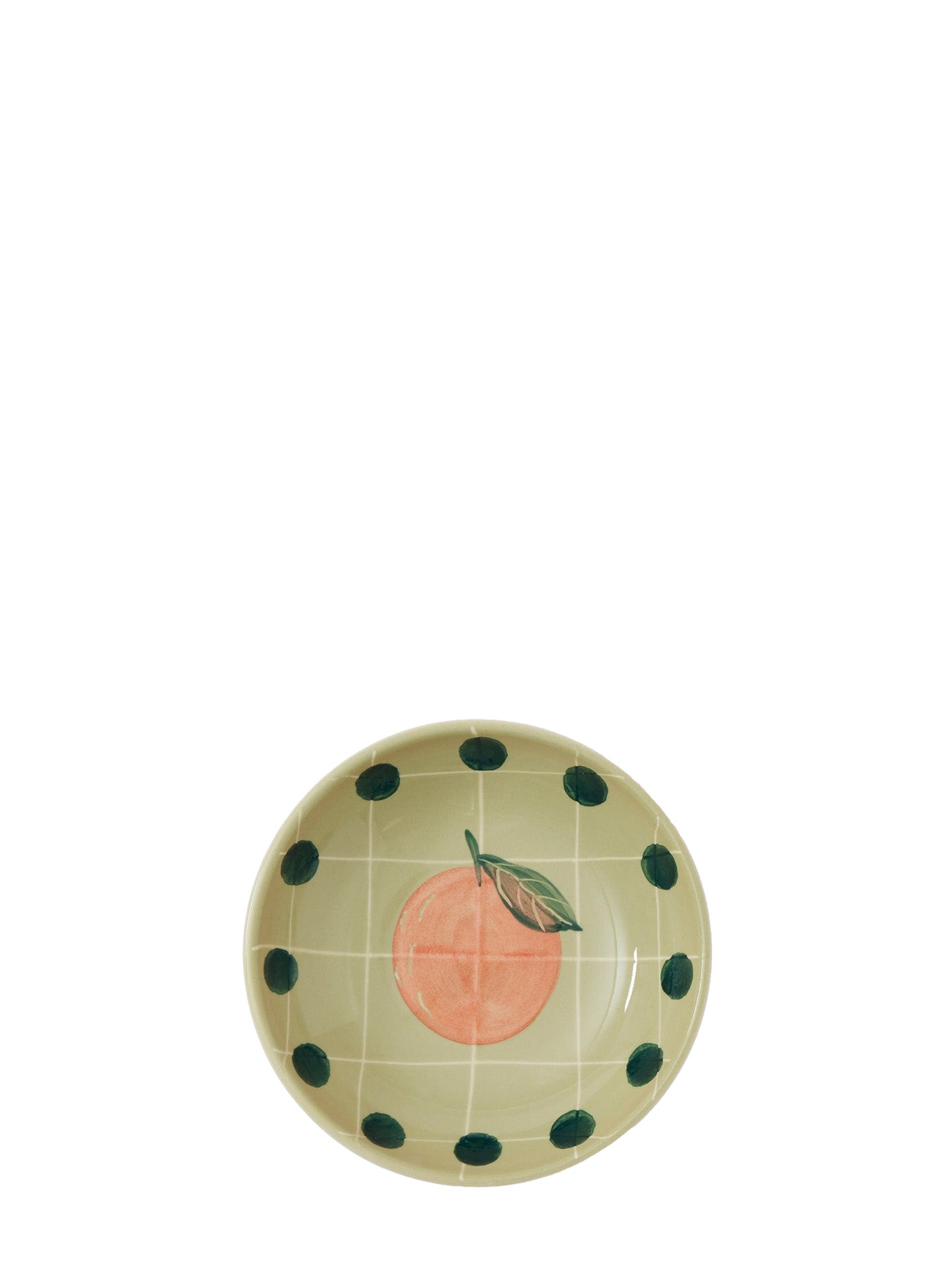 Peach bowl, green with dark green dots