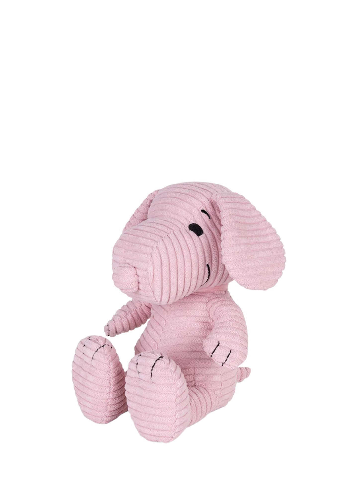 Pink snoopy plushie sitting white background.