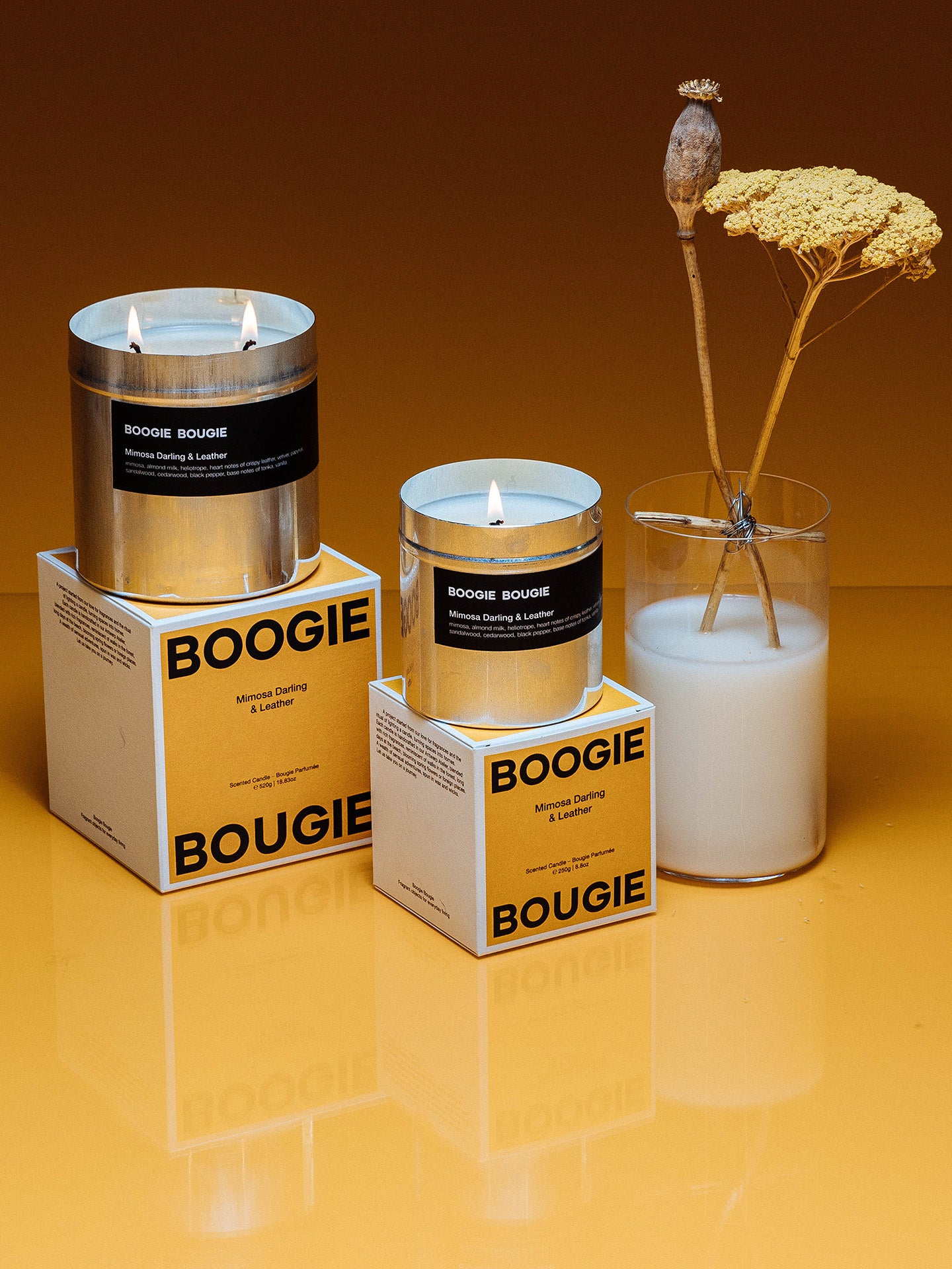 Mimosa darling & leather scented candle (250g)