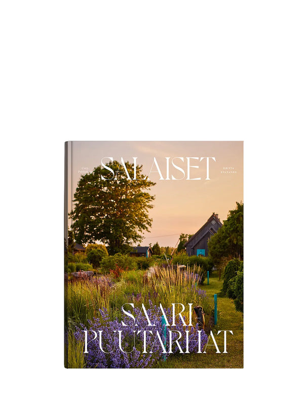 Book cover with a scenic landscape and 'Salaiset Saaripuutarhat' branding