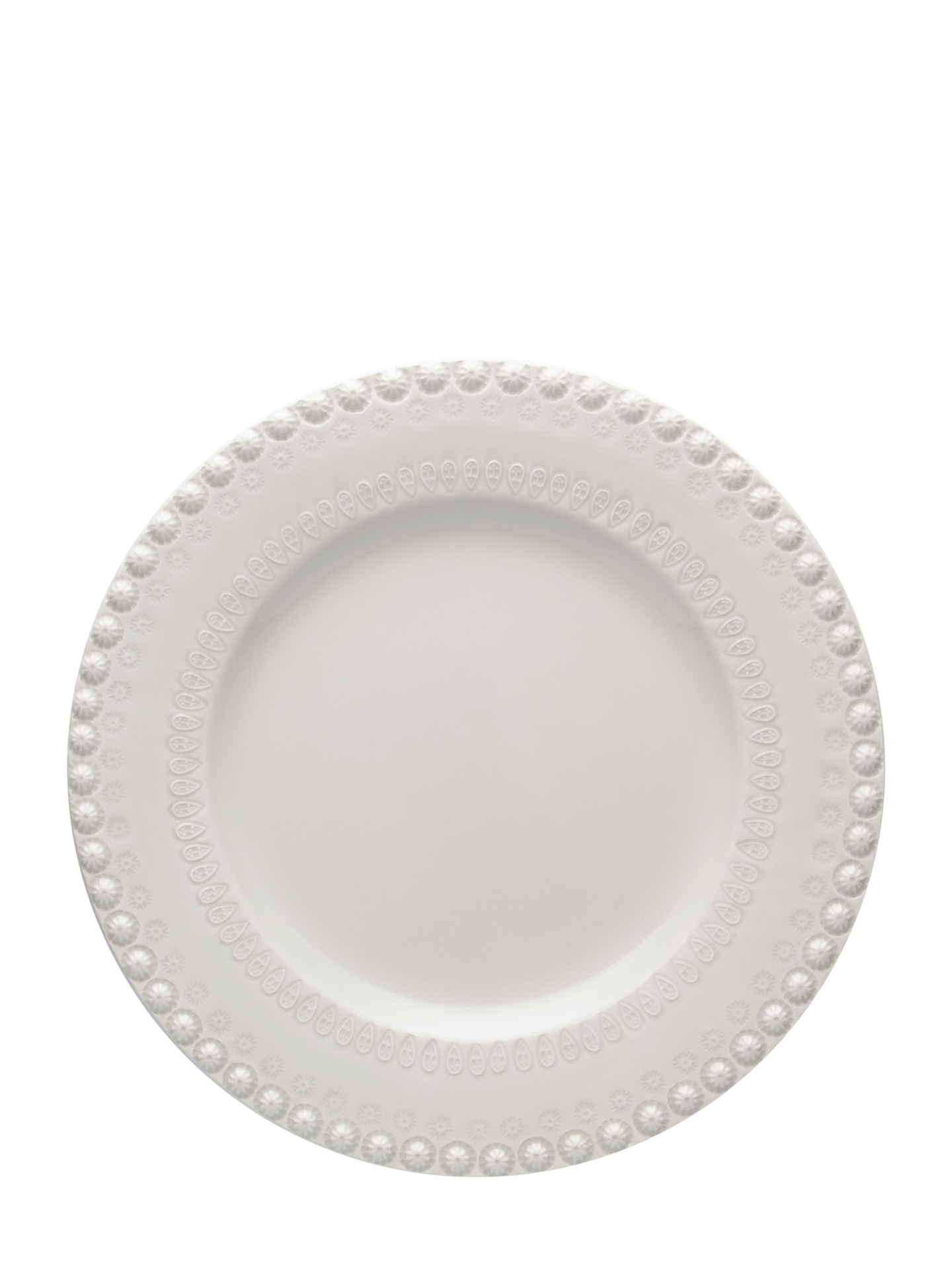 A pale grey earthenware dinner plate with a floral pattern around the rim.