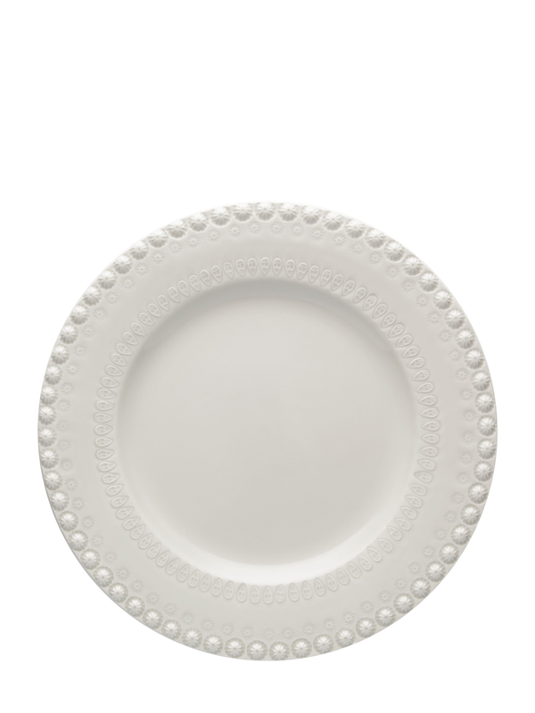 A pale grey earthenware dinner plate with a floral pattern around the rim.