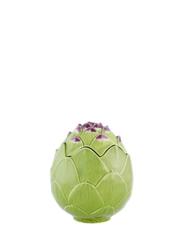 A small ceramic jar hand-painted with green and purple colors, resembling the appearance of an artichoke.