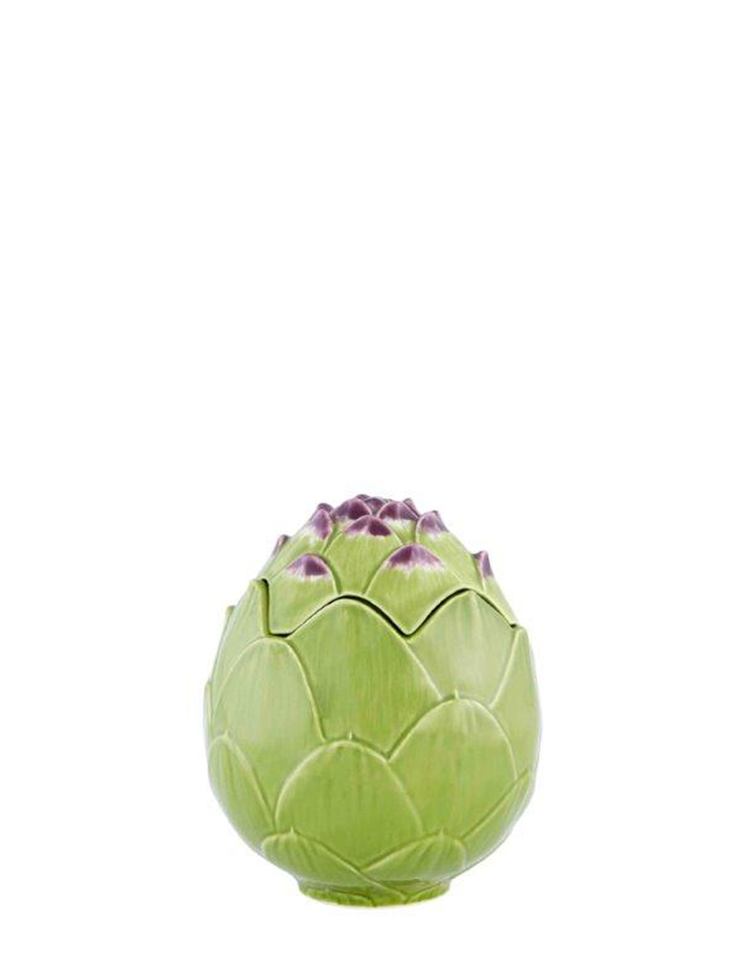 A small ceramic jar hand-painted with green and purple colors, resembling the appearance of an artichoke.