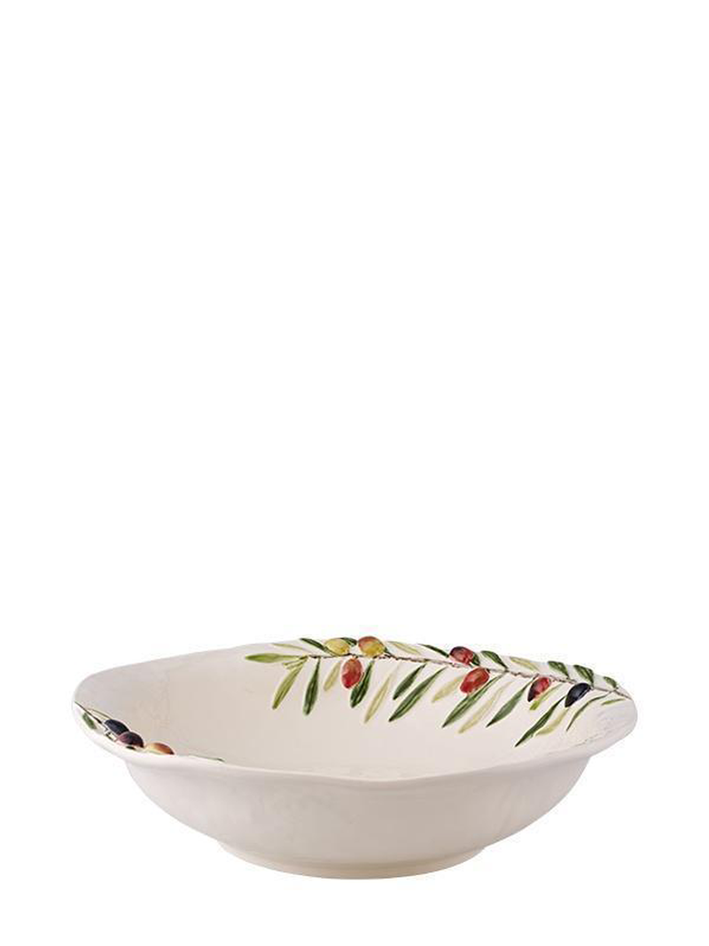 A cream-colored ceramic salad bowl with hand-painted details of an olive branch, reflecting Portuguese heritage.