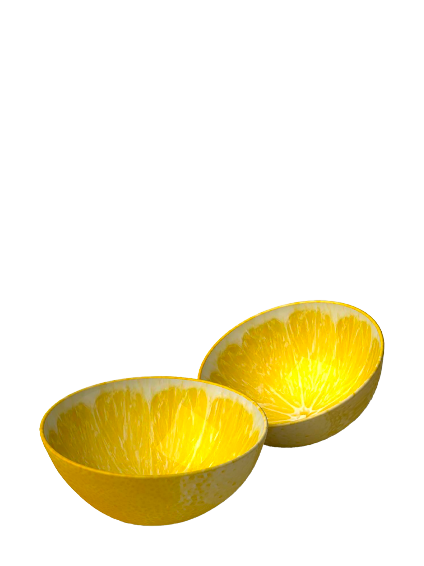 A ceramic serving bowl designed to resemble a halved lemon, with a radiant yellow interior and a textured exterior. The bowl is displayed against a white background.