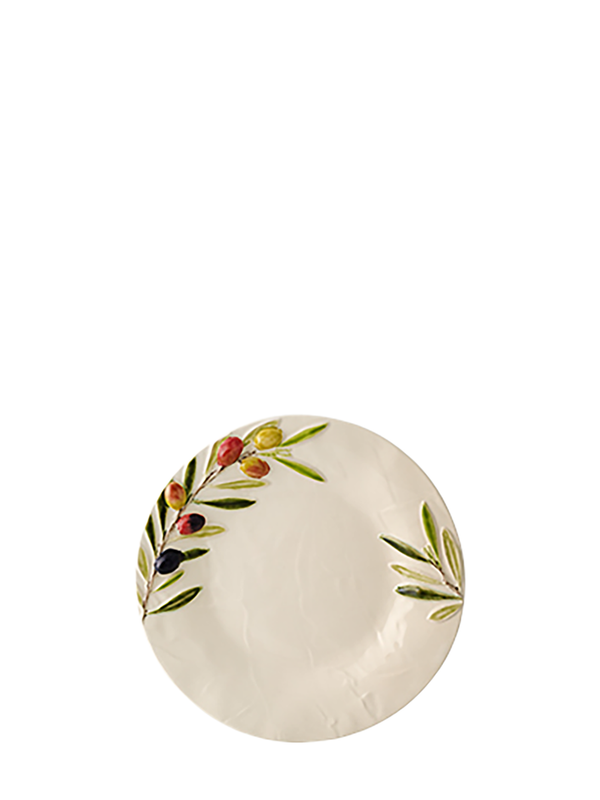 A creamy white ceramic starter plate with delicate olive branch motifs on it.