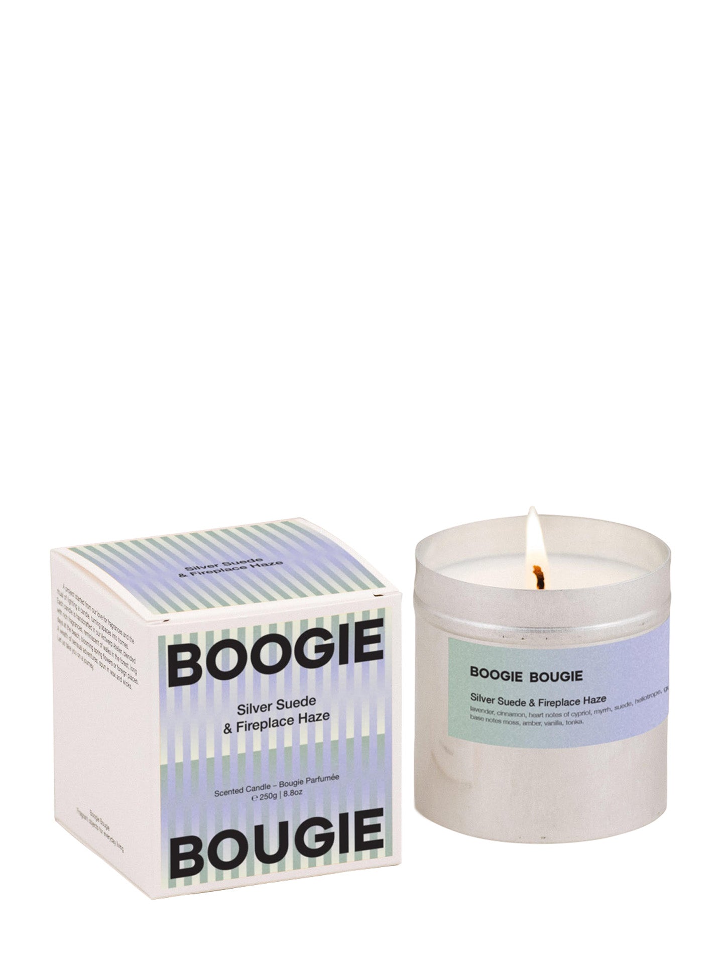 Silver Suede & Fireplace Haze scented candle (250g)
