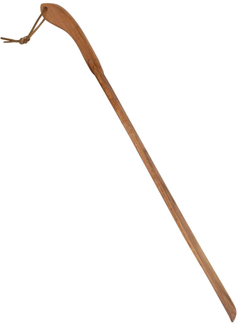 Long wooden shoehorn with leather strap, oak