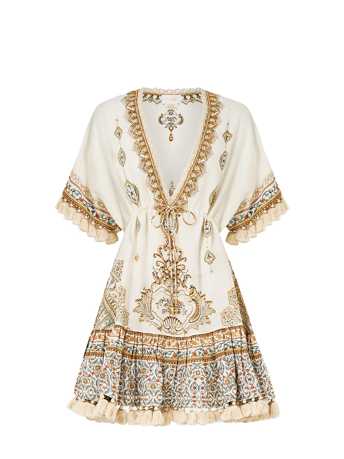 Short v-neck embroidered linen dress
