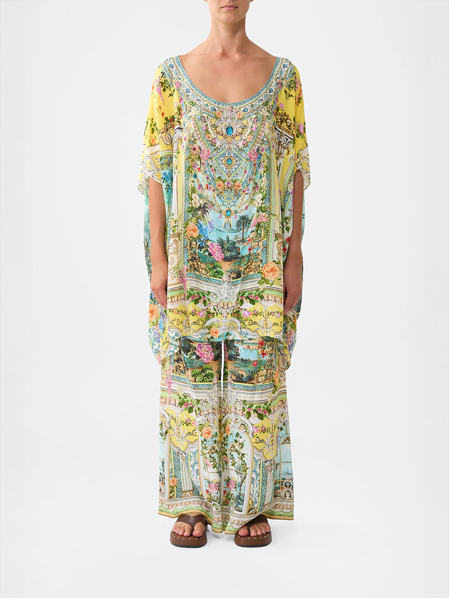 Short round neck kaftan, yellow print