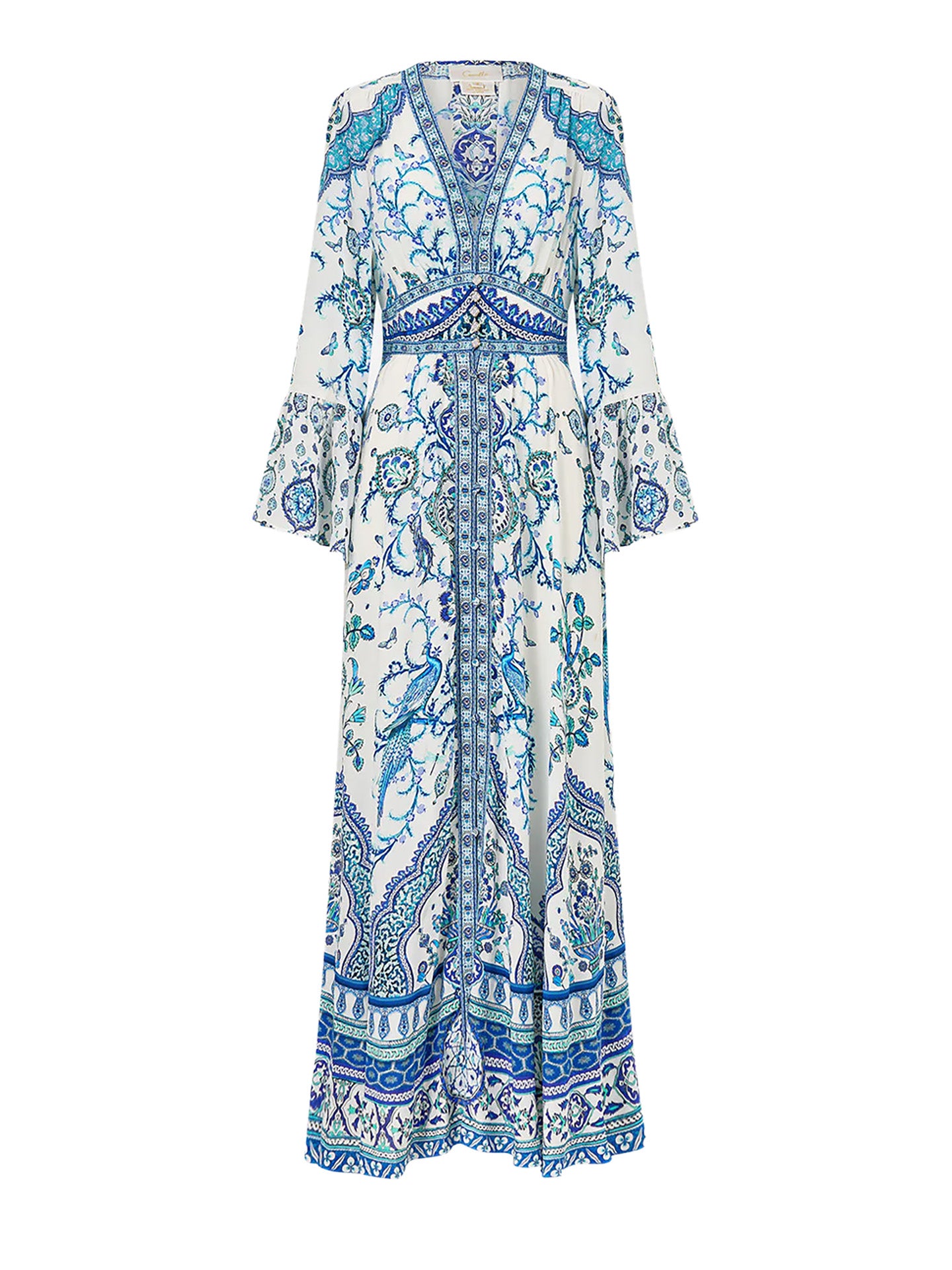 Long, patterned dress with blue and white design on a white background