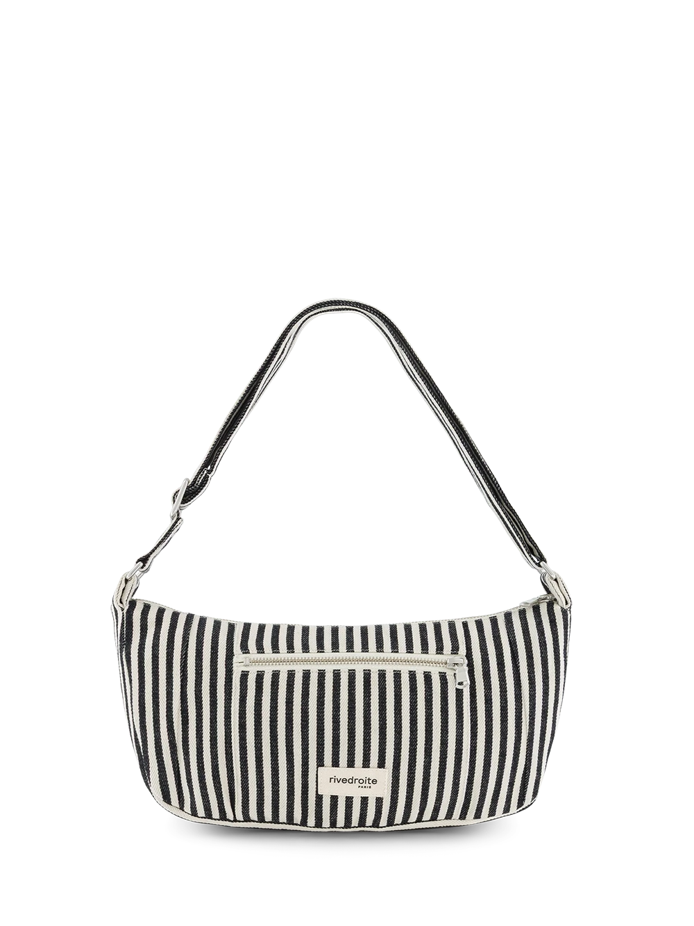 Black and white striped handbag with a visible brand logo on a white background