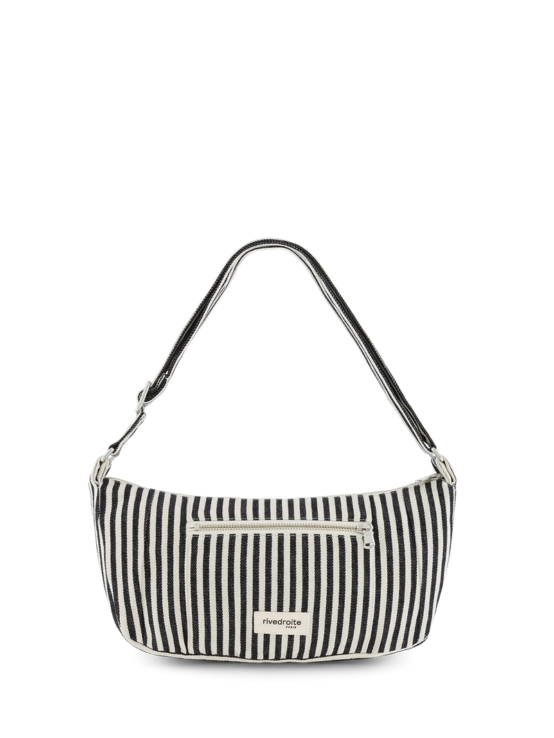 Black and white striped handbag with a visible brand logo on a white background