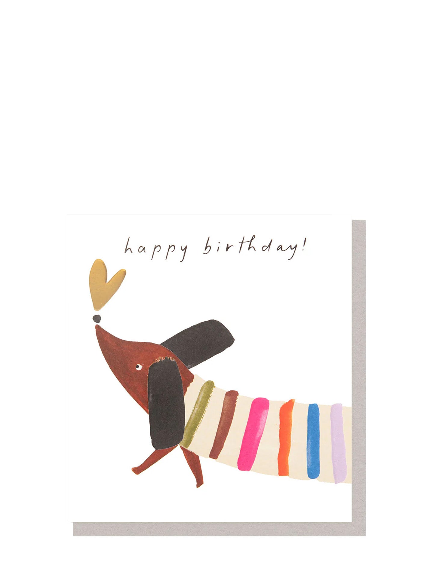 Birthday card with a dog wearing a striped sweater and 'happy birthday!' text on a white background.