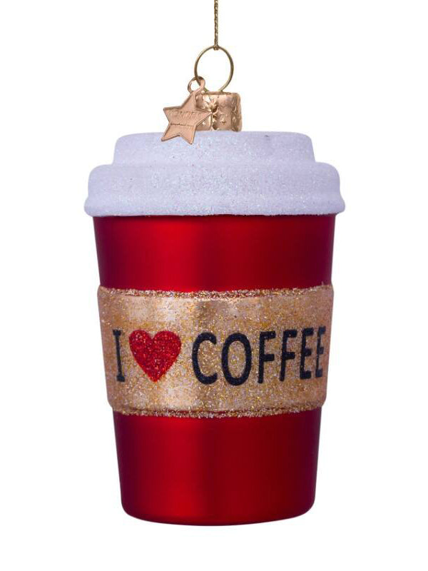 Decorative ornament shaped like a red coffee cup with 'I ❤️ COFFEE' text on a white background