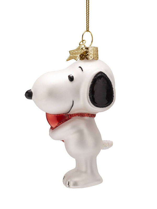 Snoopy Christmas ornament with red bow tie on a white background