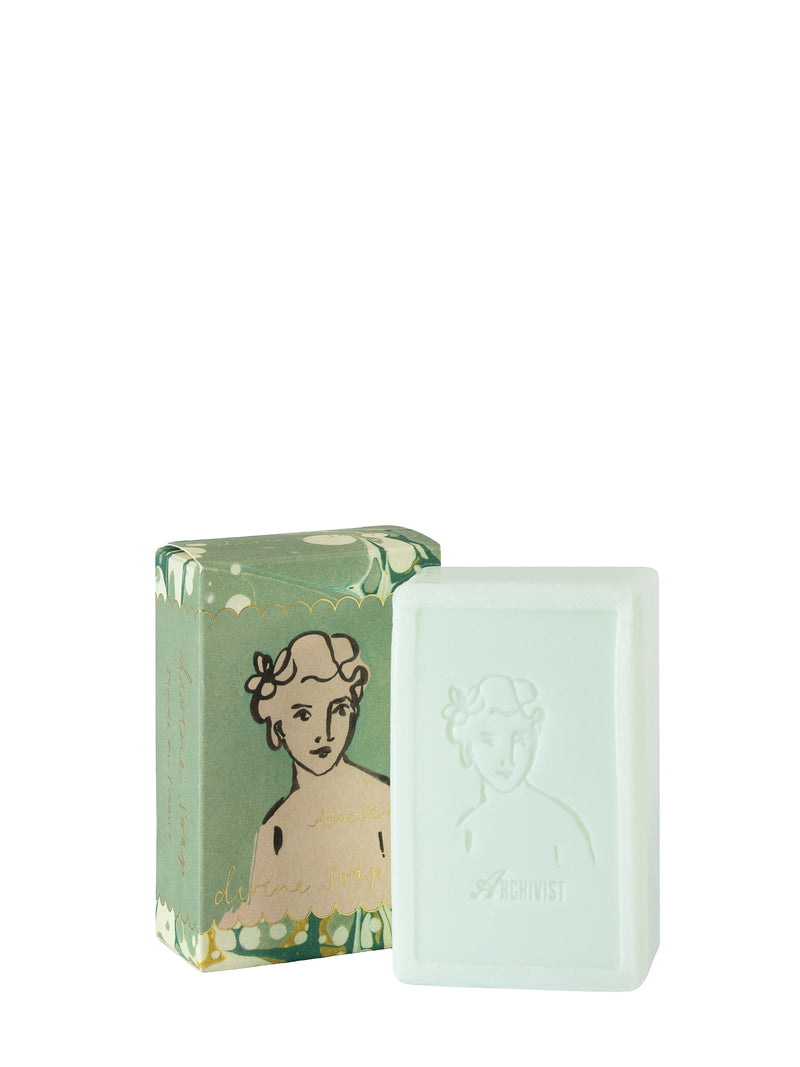 Bar of soap with a decorative packaging featuring an illustration on a white background