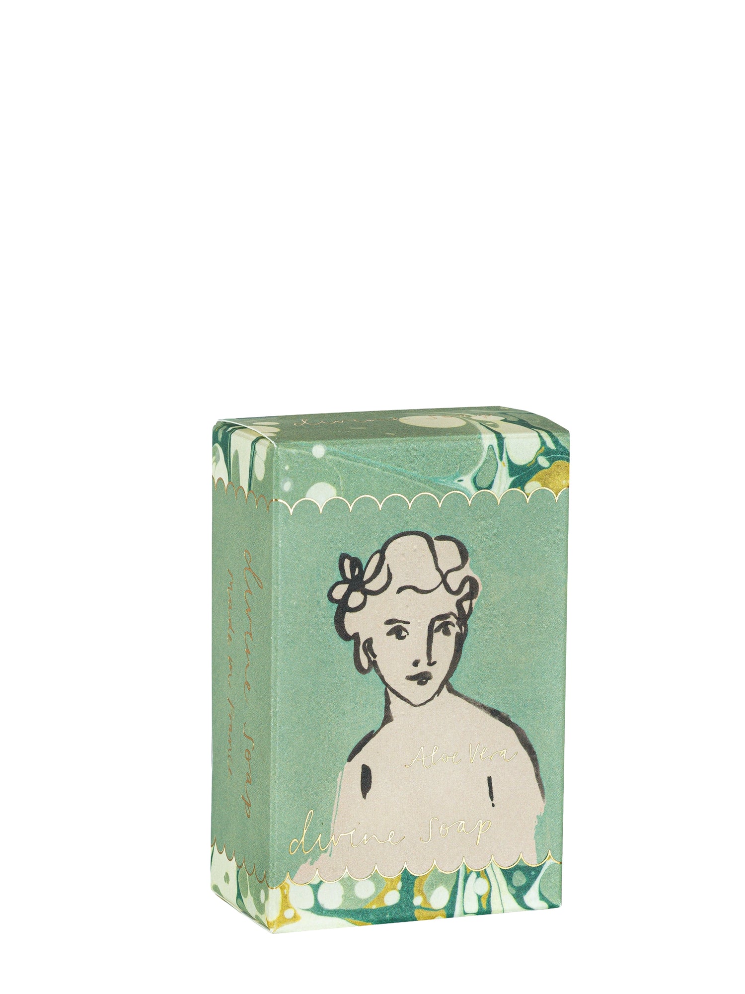 Small rectangular box with a vintage-style illustration of a woman on a green background