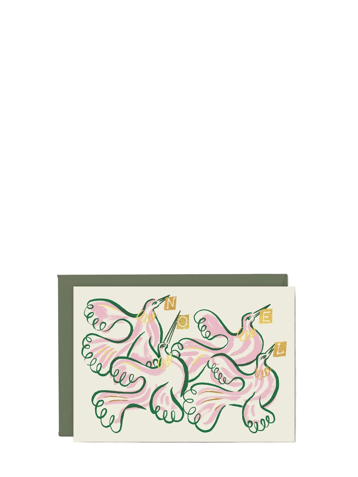 Greeting card with pink doves and gold messages on a white background