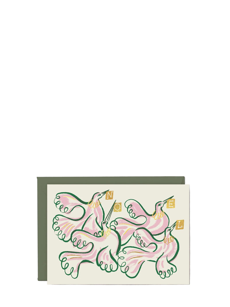 Greeting card with pink doves and gold messages on a white background