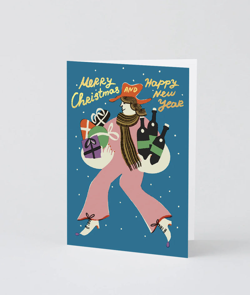 Greeting card with a person holding gifts and bottles on a blue background