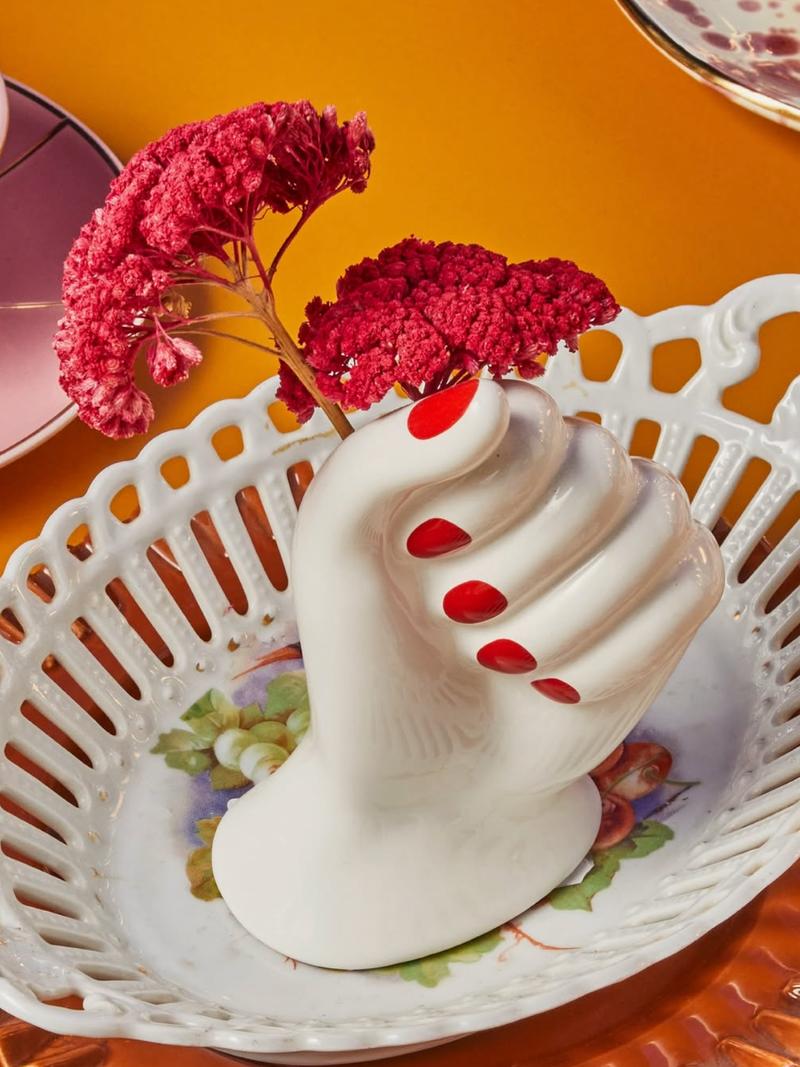 Red nail hand ceramic vase
