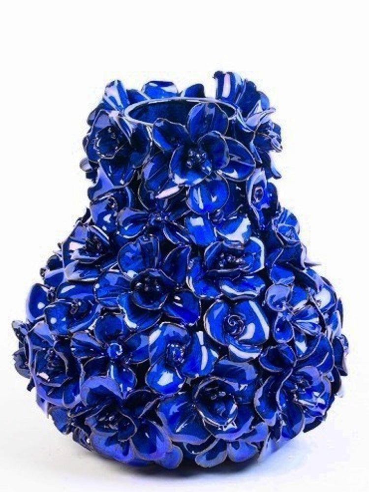 Vase deco with flowers, Blue (H 17cm)