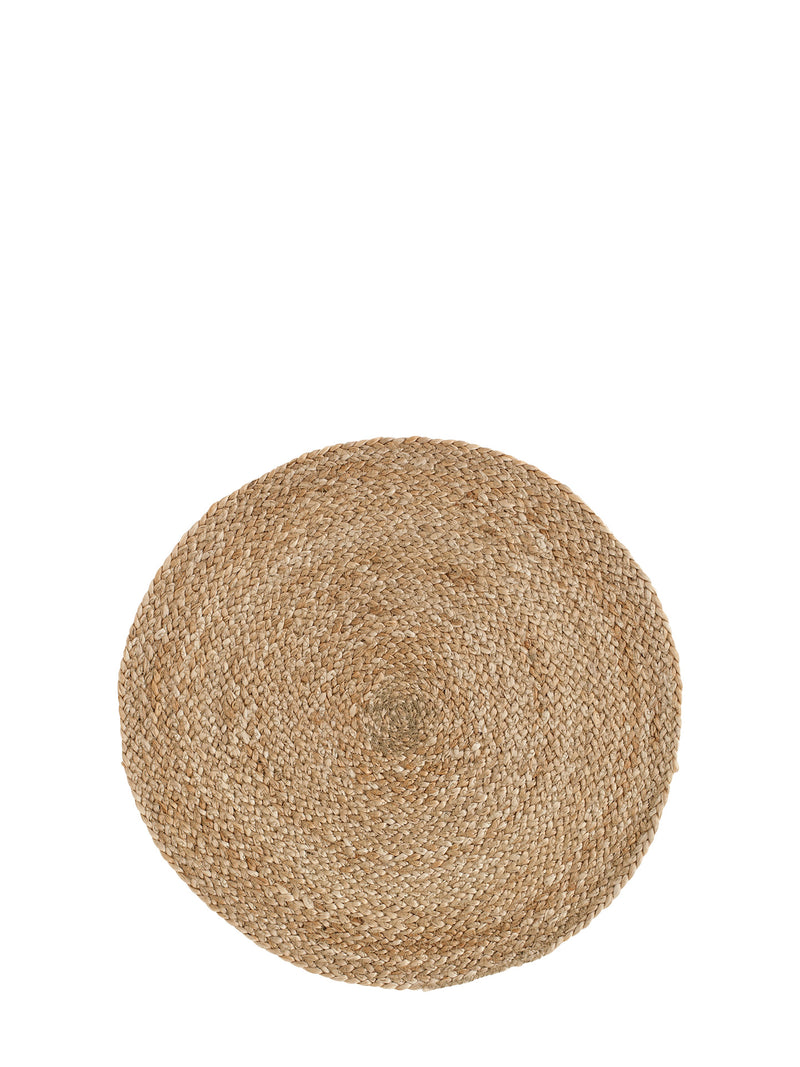 A round natural jute placemat with a tightly braided texture, shown from a top-down view on a solid white background.