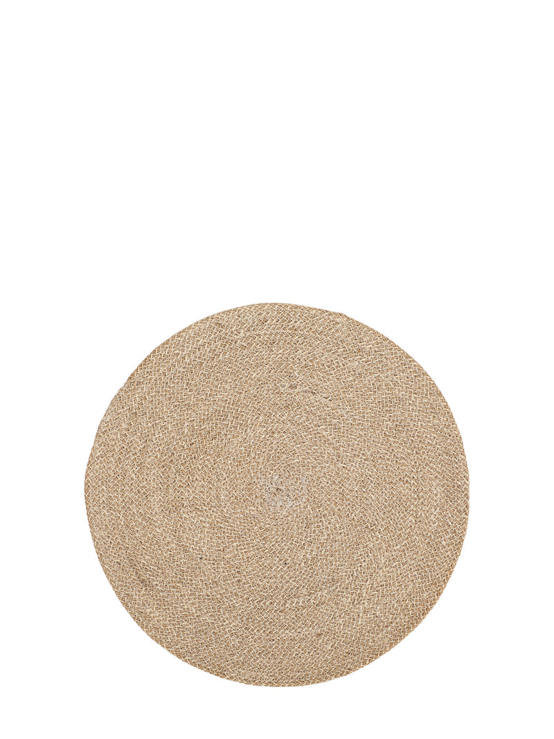 A round natural jute placemt with a textured braided pattern in a light tan color, shown from a top-down view on a solid white background.