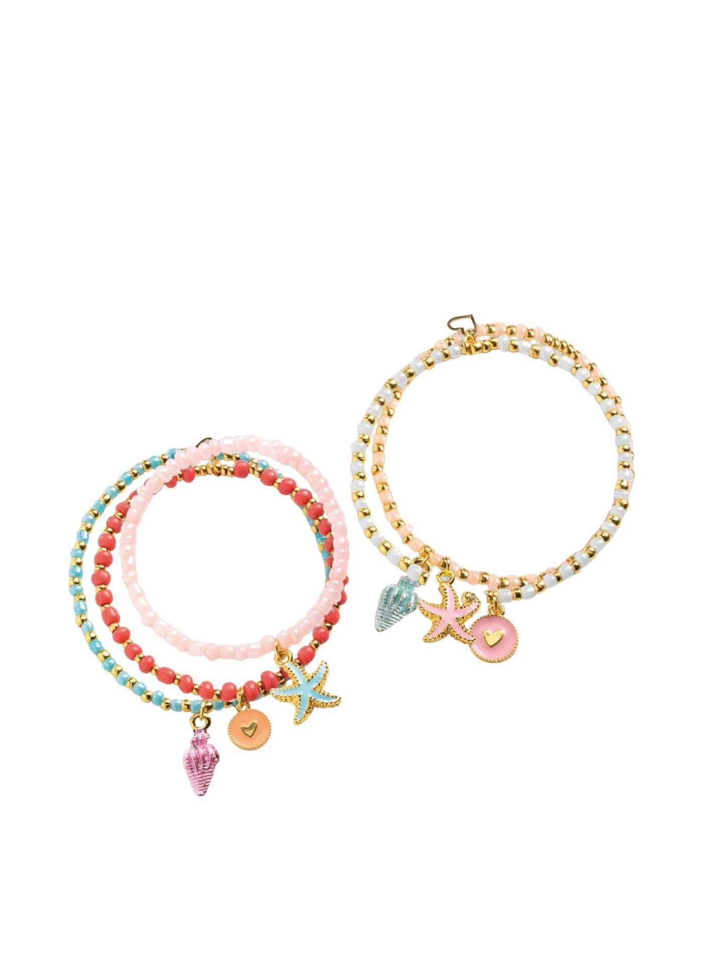 Set of two beaded bracelets with charms on a white background