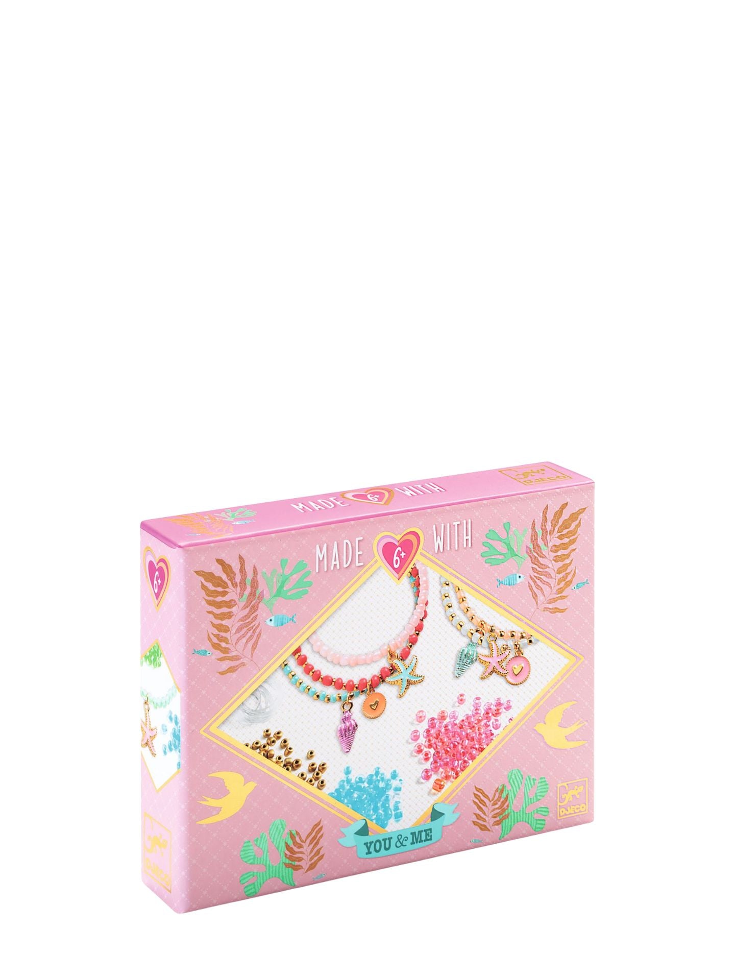 Pink jewelry-making kit box with colorful designs on a white background