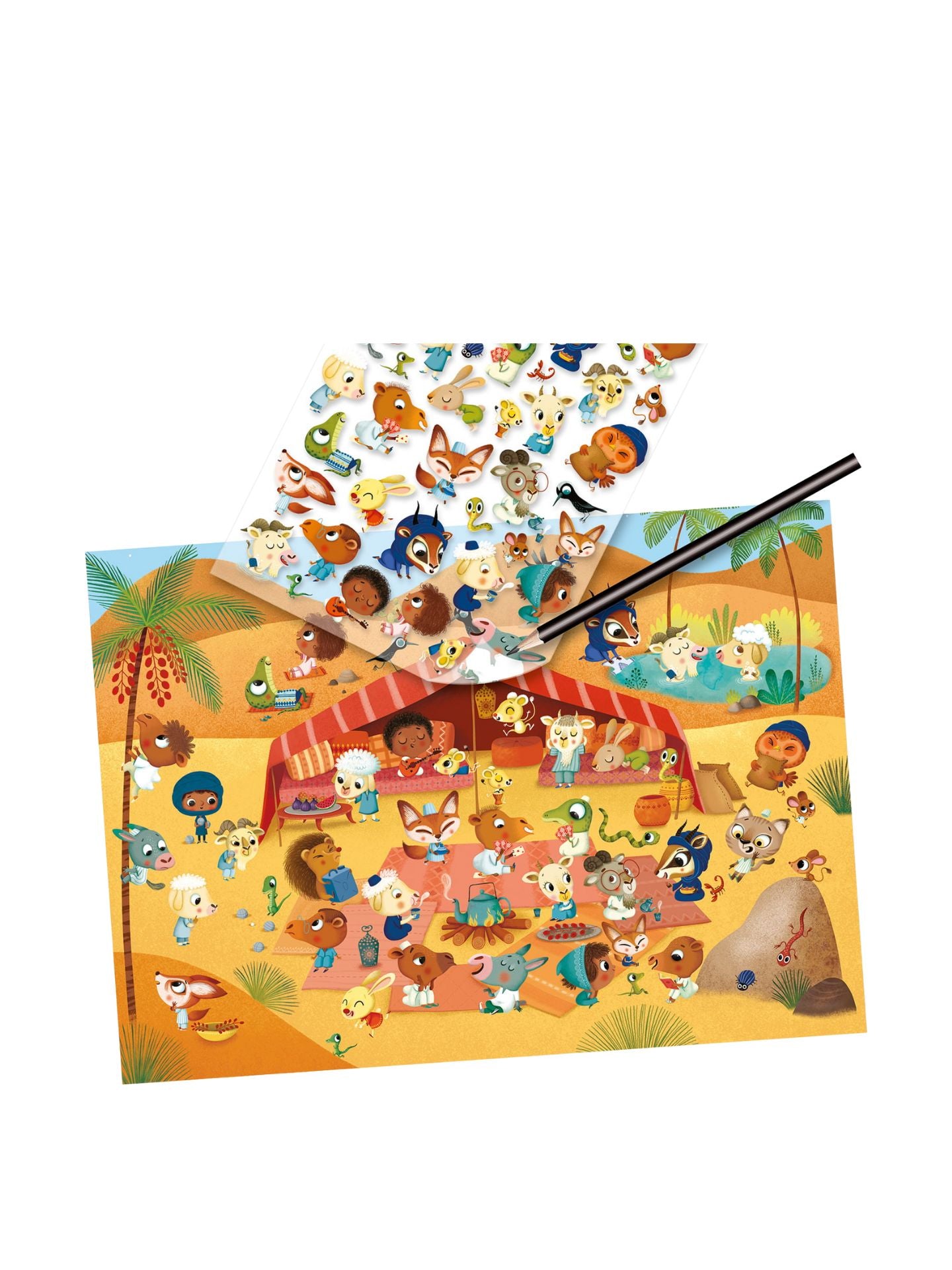 Children's puzzle with cartoon animal characters on a desert-themed background