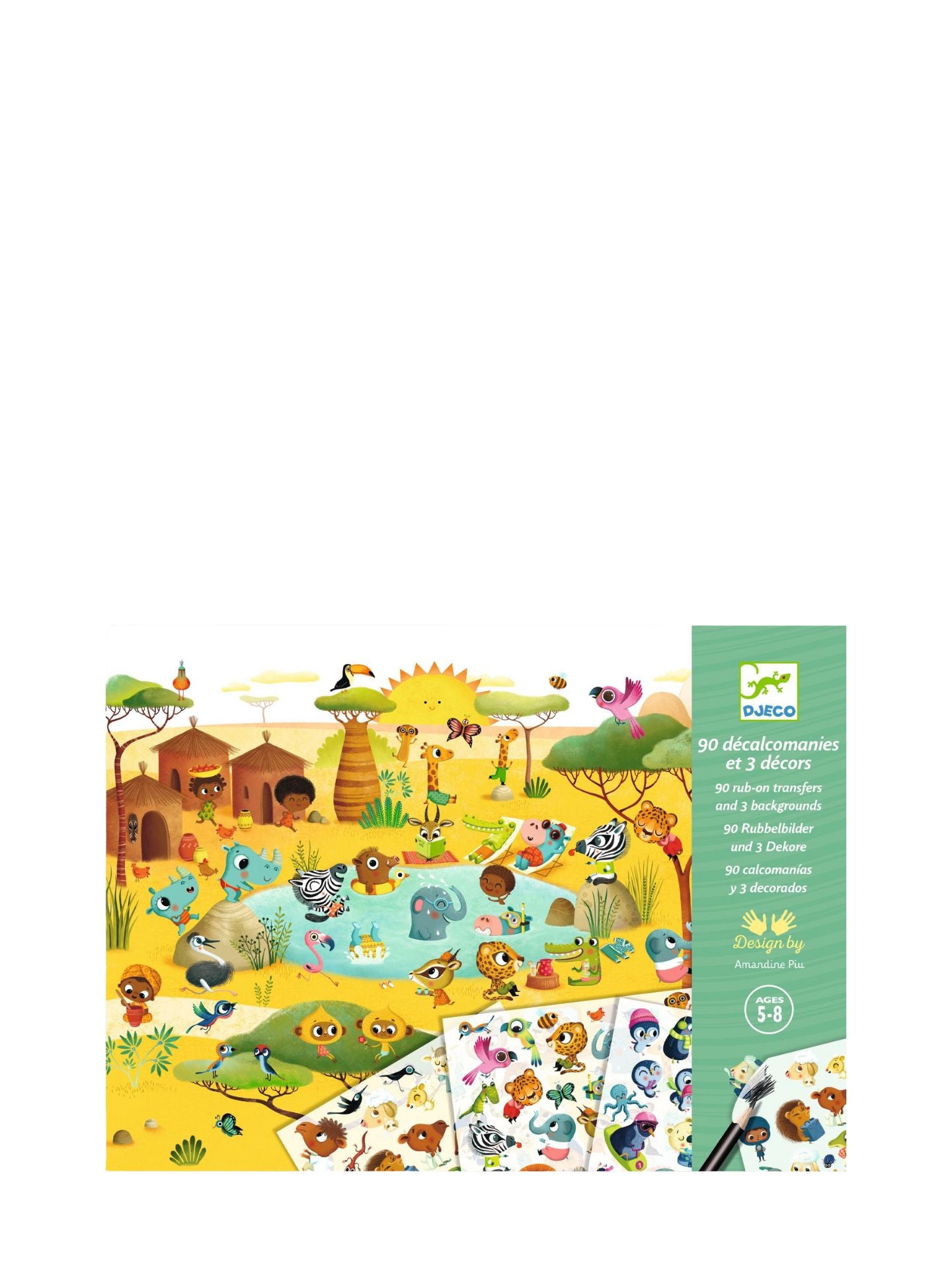 Children's educational kit with a colorful design of animals and landscapes on a white background.