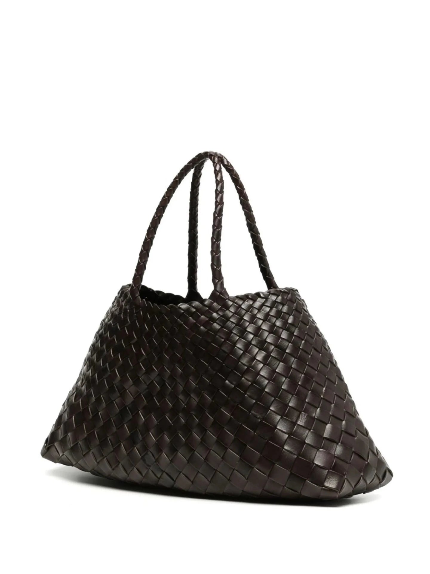 Brown woven handbag on a white background