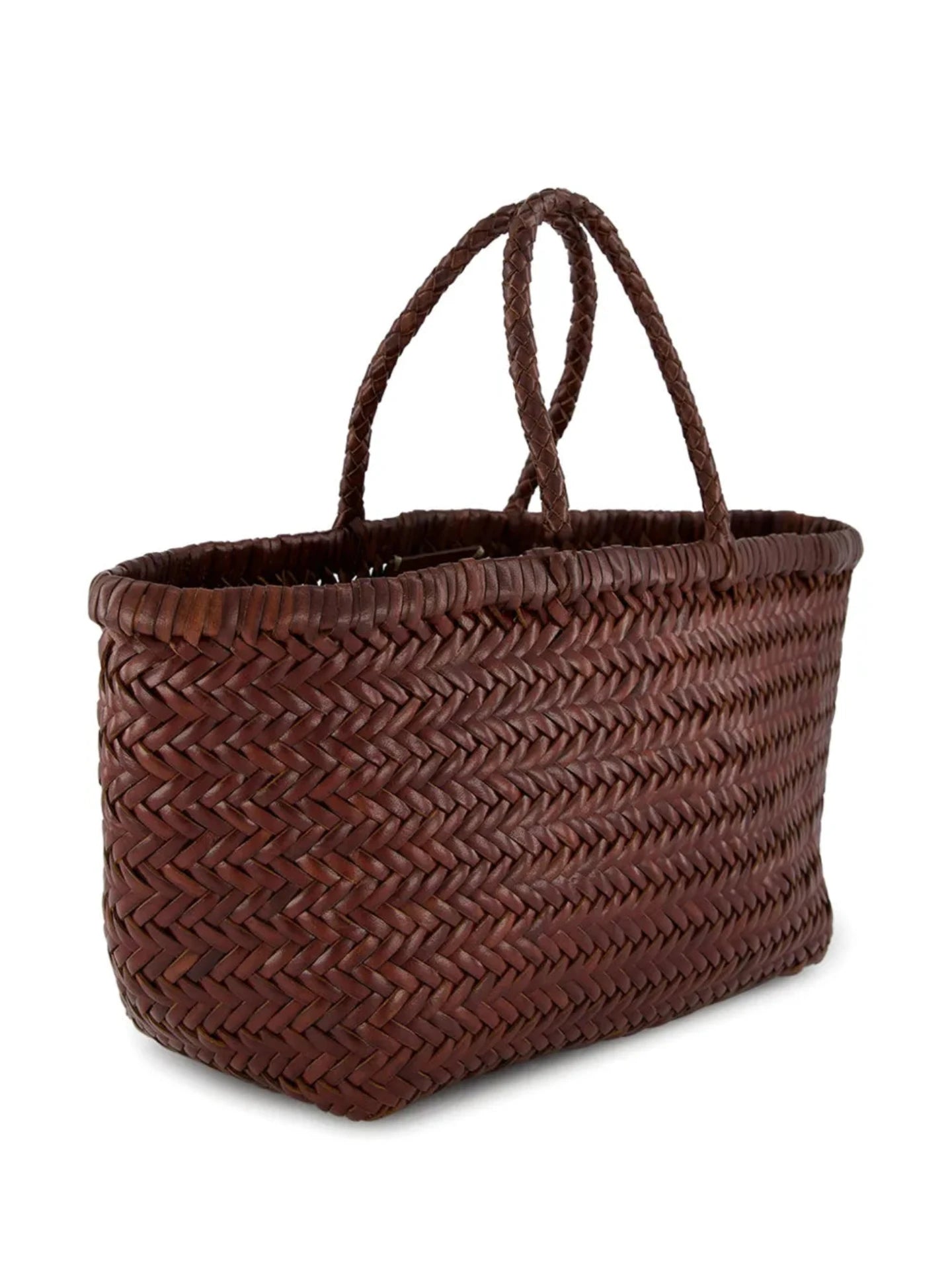 Woven brown basket with handles on a white background