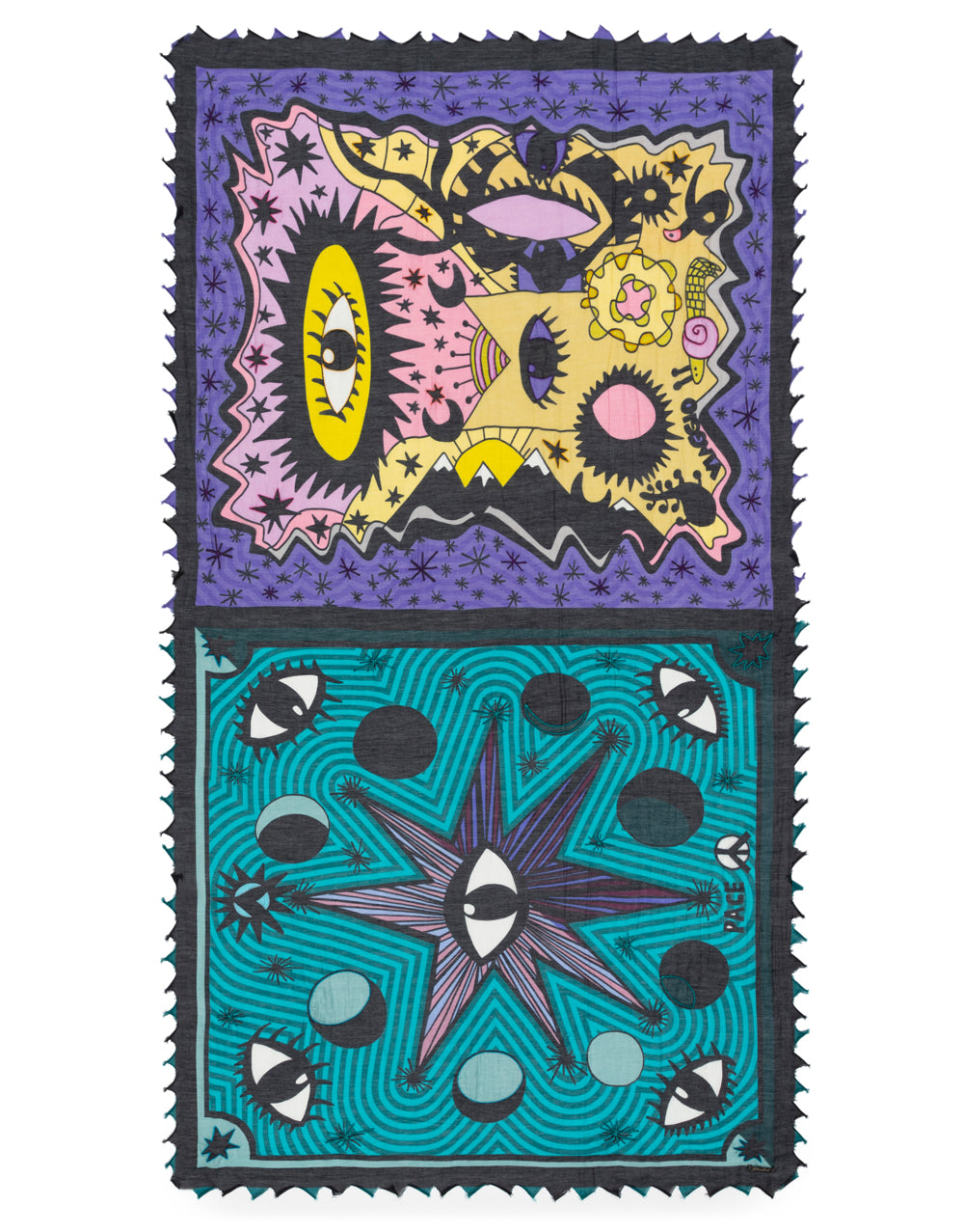 Peace eyes print scarf, turquoise-purple