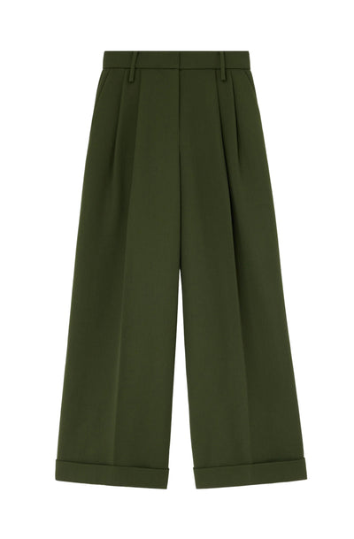 Single wool twill oversized pleated pants, kombu green