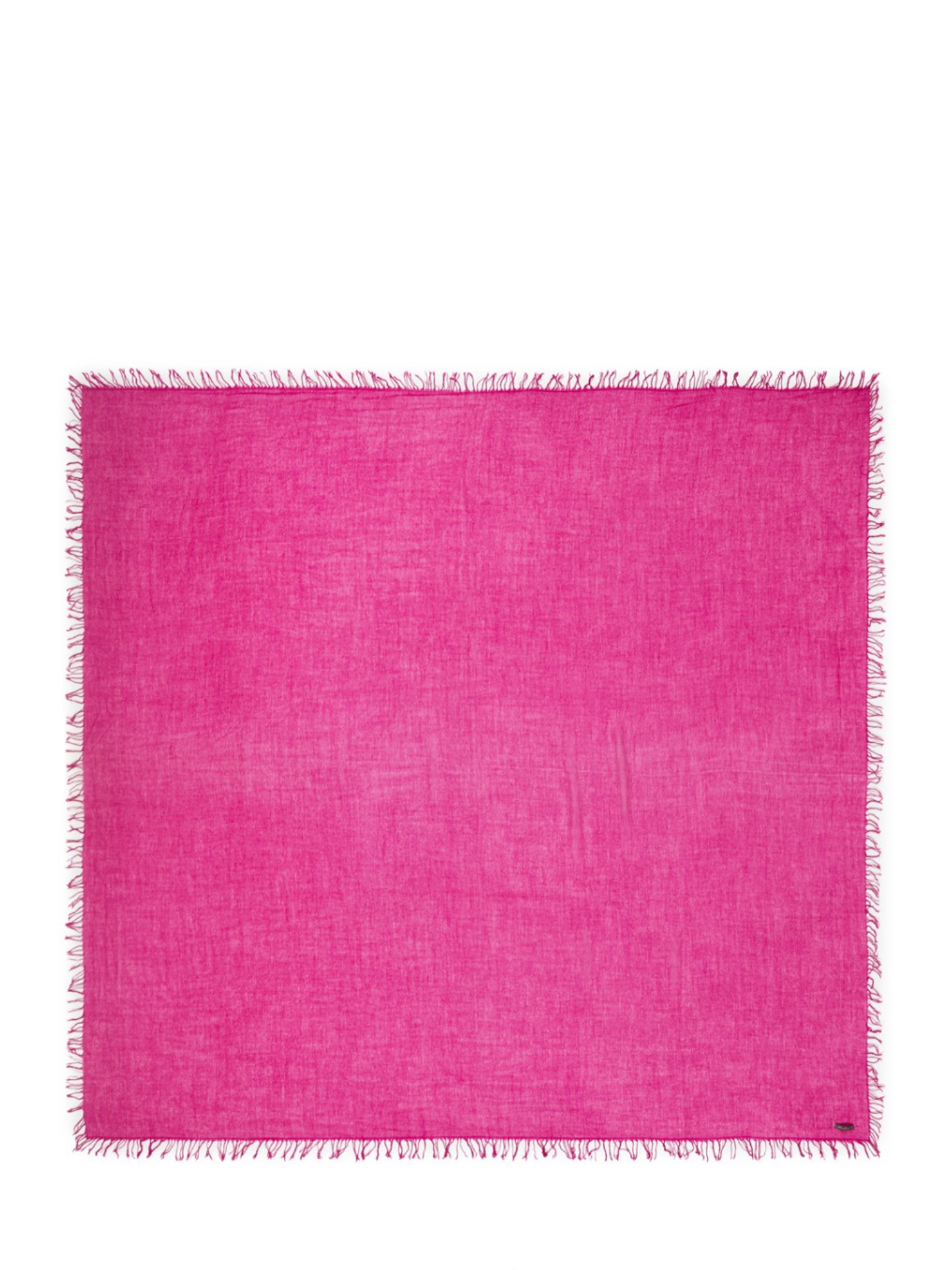 Pink square scarf with fringed edges on a white background