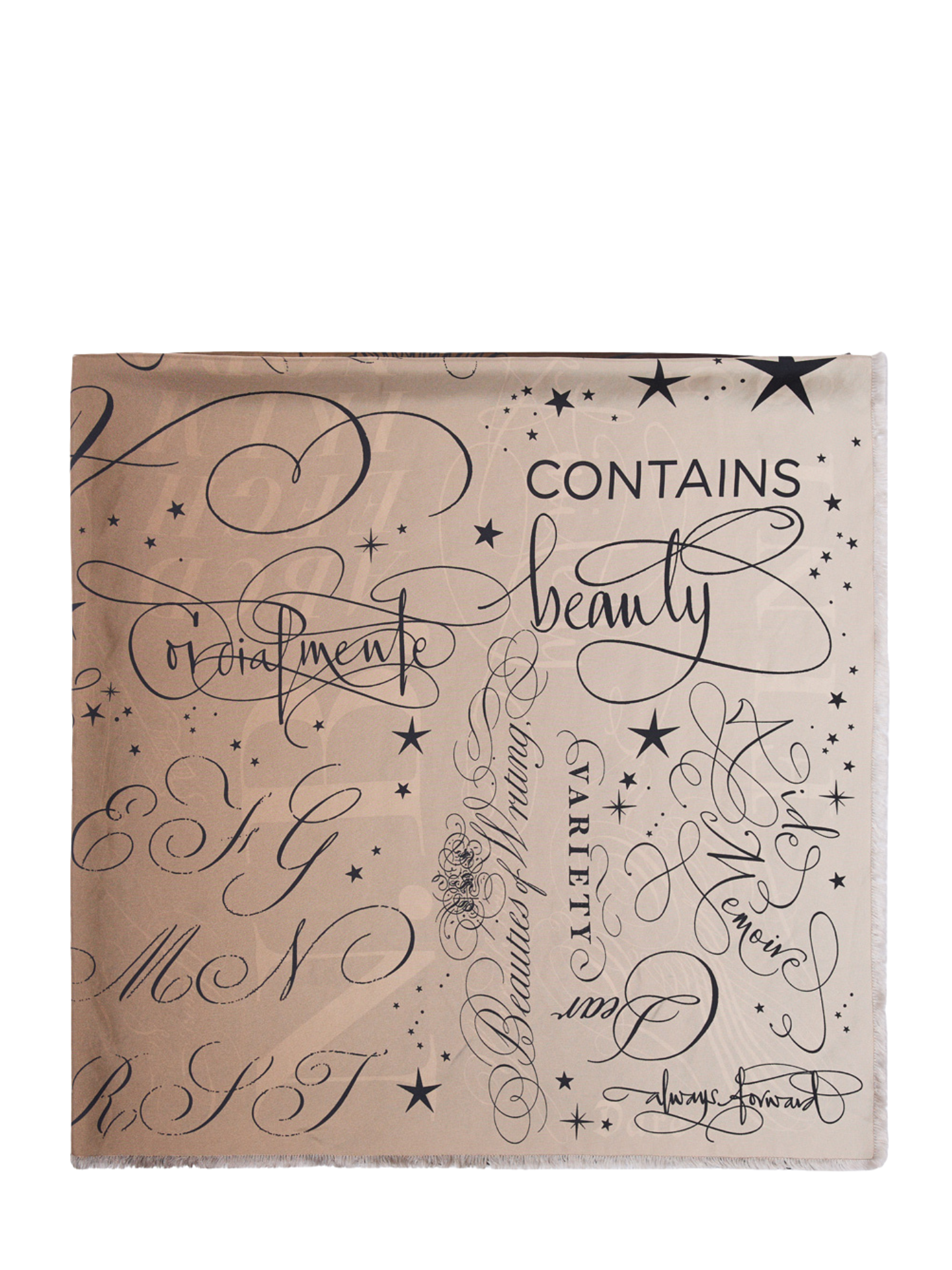 Beige silk scarf with black text and star patterns on a white background
