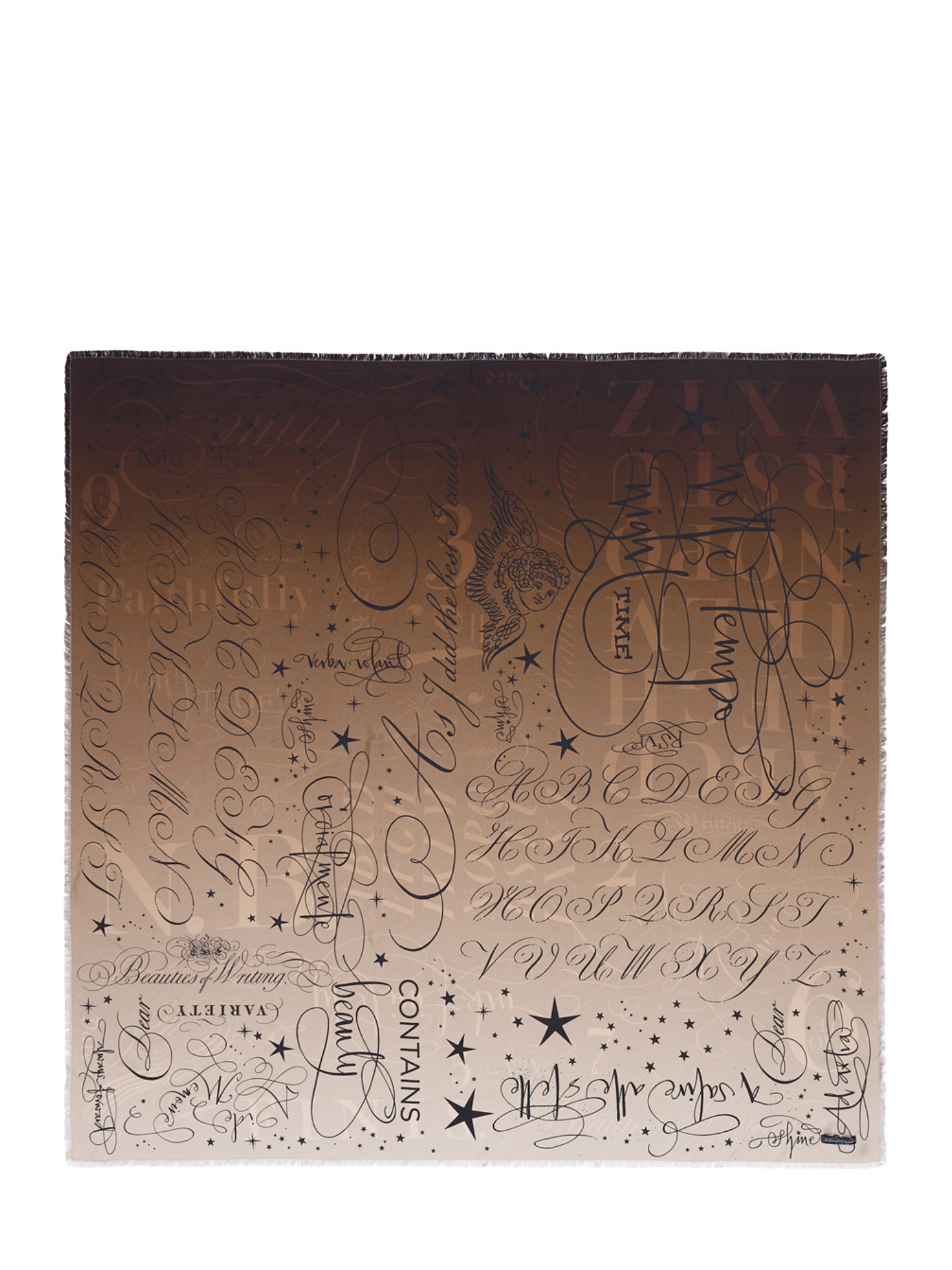 Silk scarf with decorative lettering on a white background