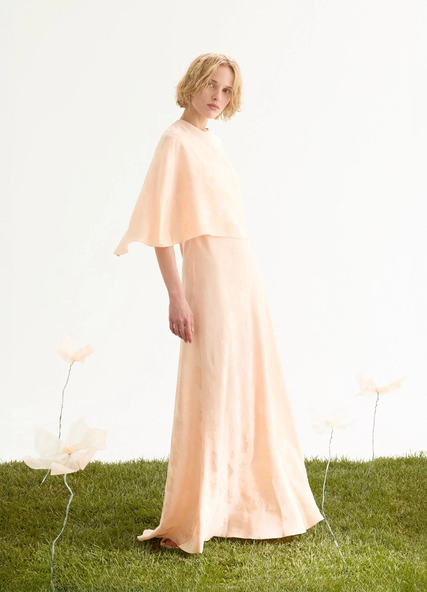 Fluid bouquet jacquard bias dress with cape, peach