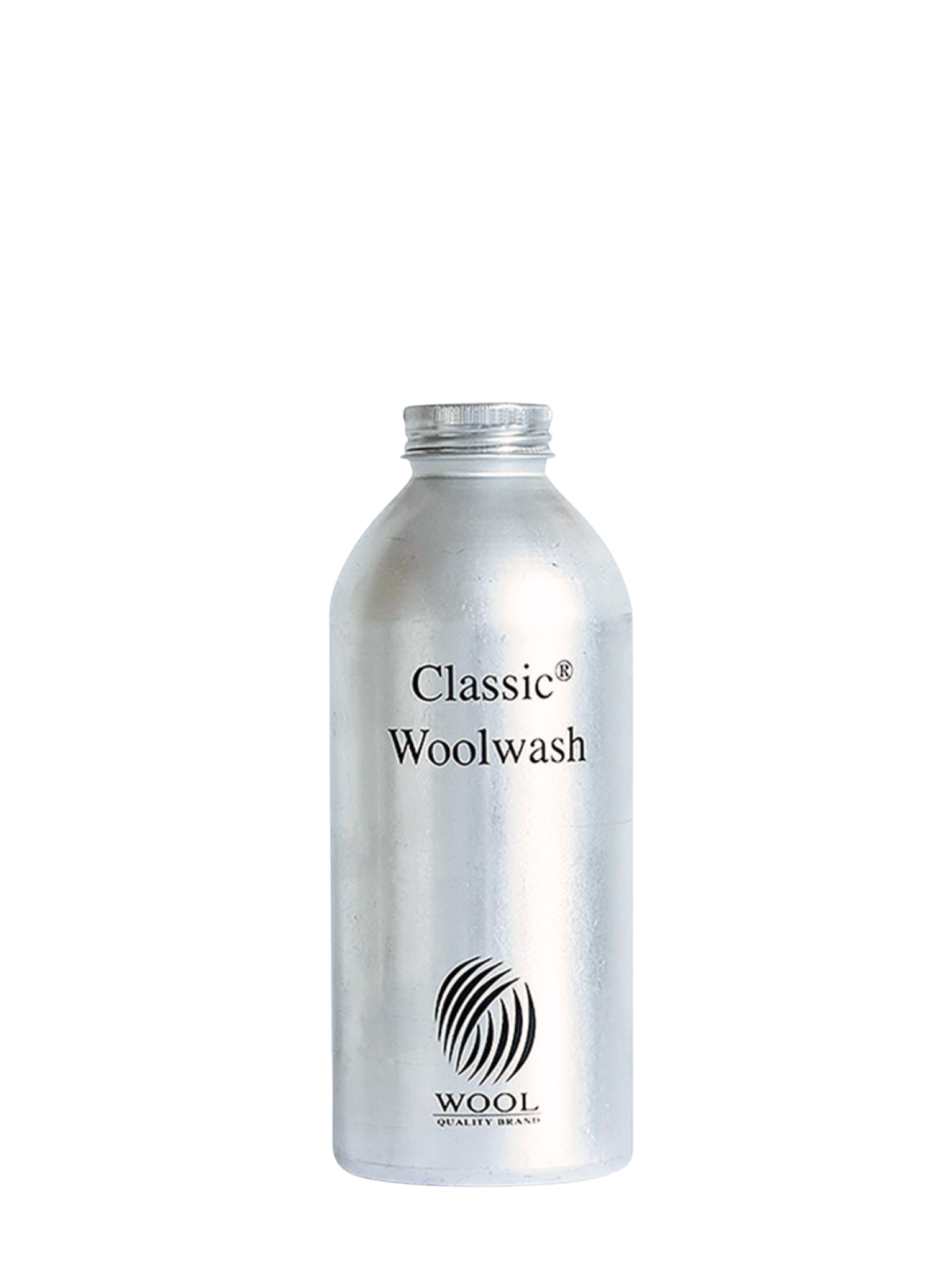 Silver bottle labeled 'Classic Woolwash' on a white background