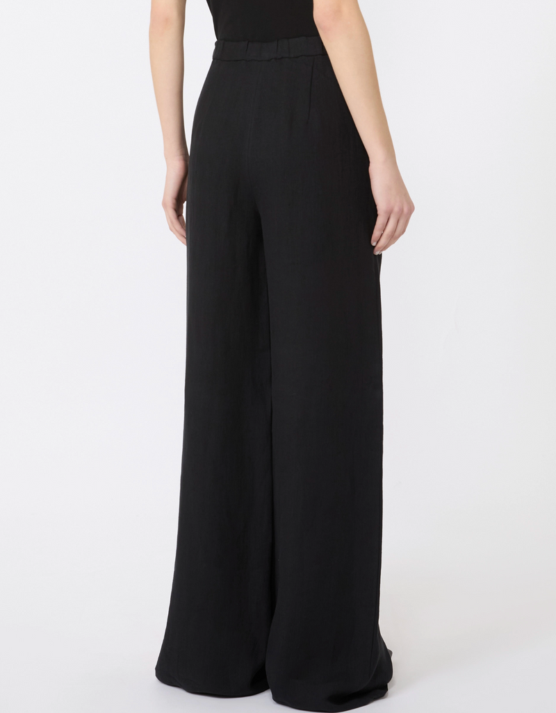 Black wide-leg pants worn by a person on a white background