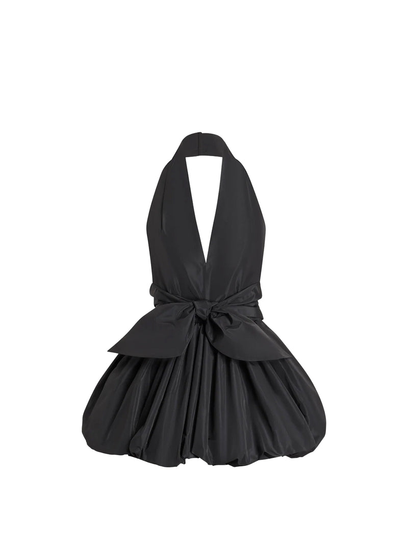 Black halter dress with a bow detail on a white background