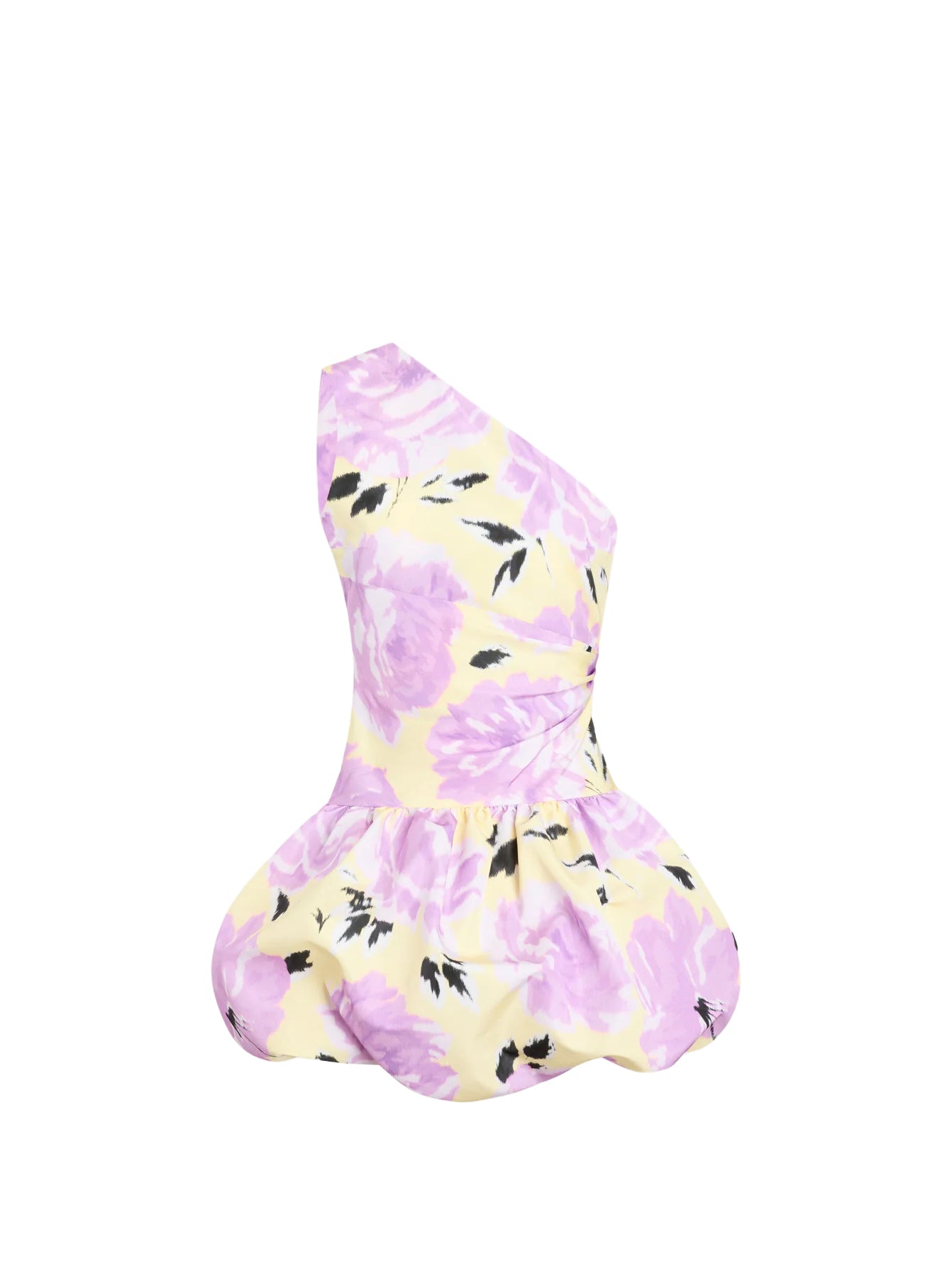 One-shoulder floral dress with purple and yellow pattern on a white background