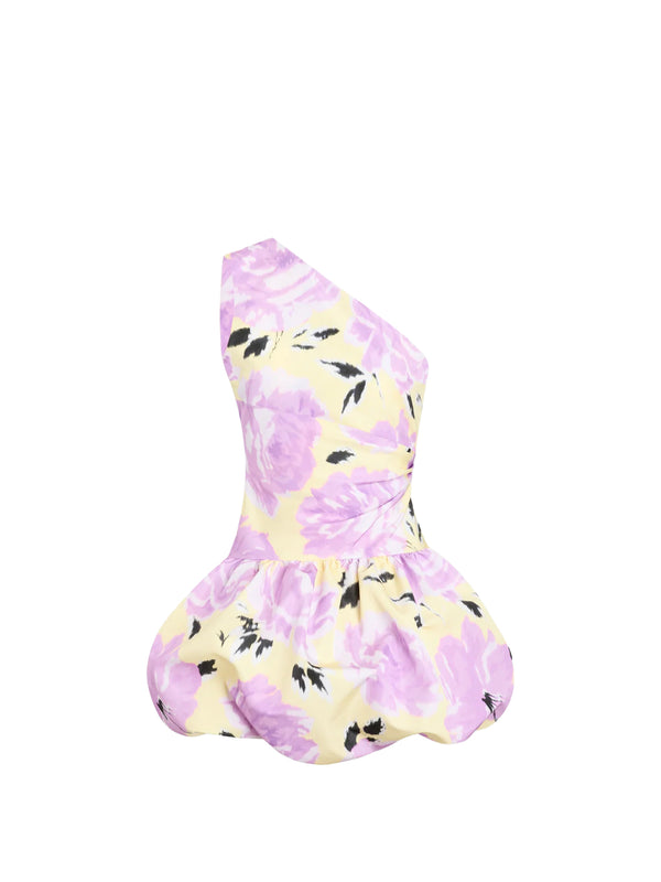 One-shoulder floral dress with purple and yellow pattern on a white background
