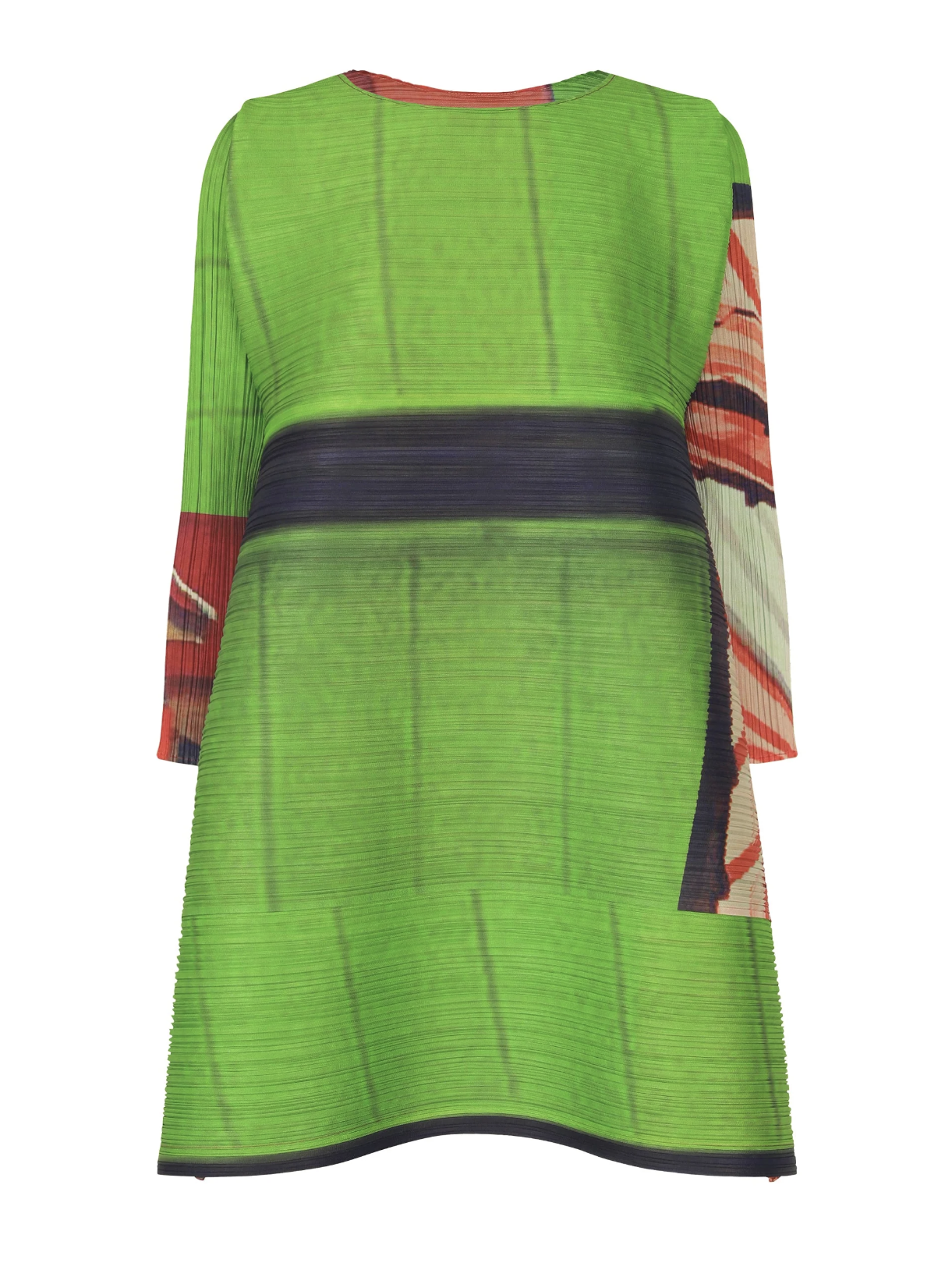 City collage print dress, red-green