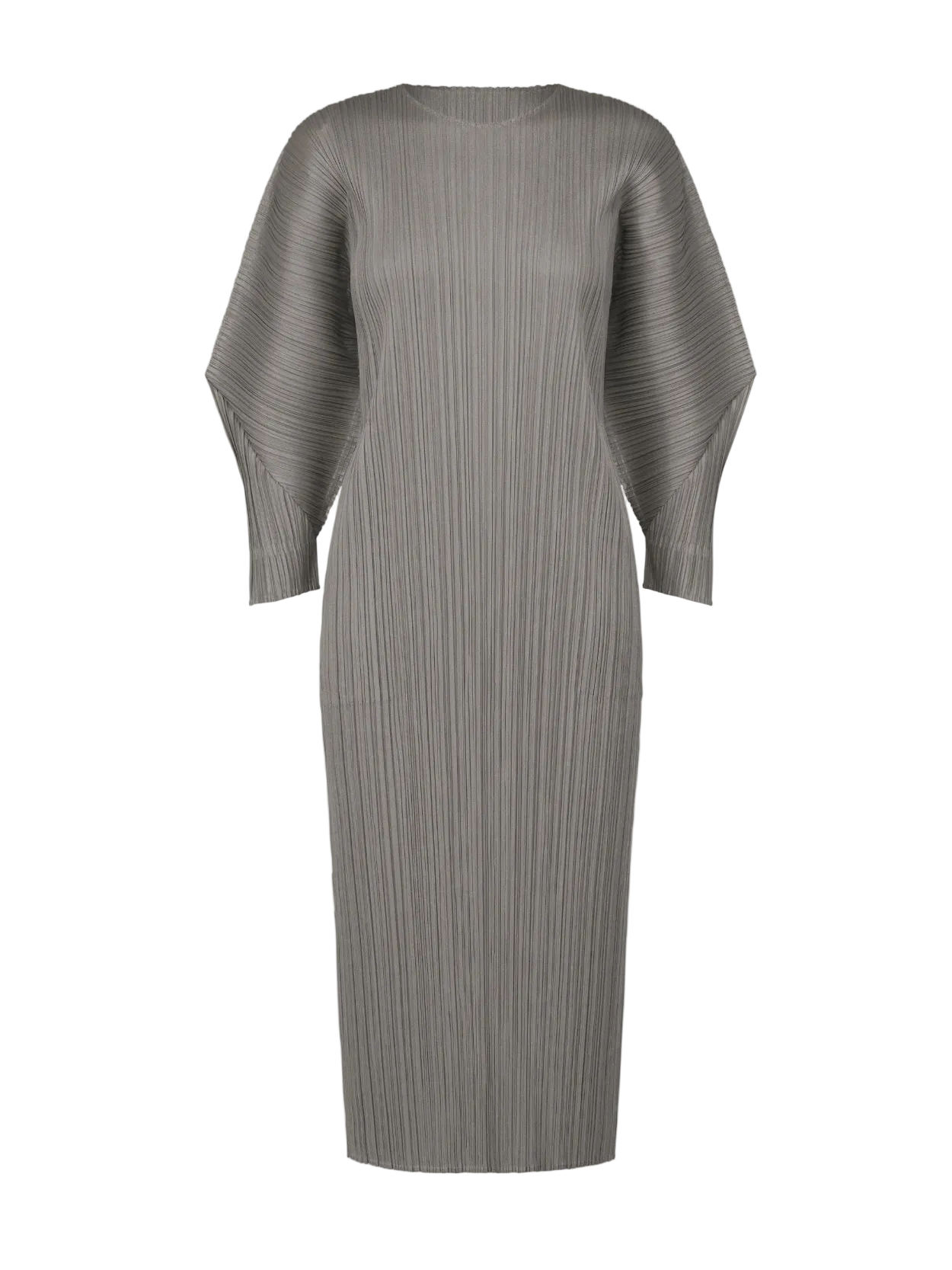 Gray pleated dress with quarter-length sleeves on a white background