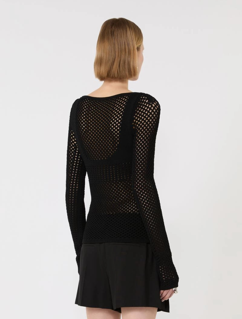 Black long-sleeve sweater with open back on a white background